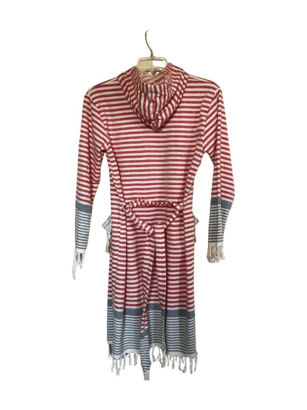 Terry Cloth Hooded Robe Small Striped Red White Blue Belted Bathrobe Beach Pool - Picture 2 of 5
